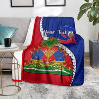 Red and blue Haiti emblem blanket with Polynesian wave pattern and palm-and-drums graphic