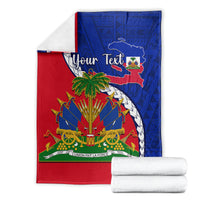 Folded red and blue Haiti emblem blanket set with palm-and-drums graphic and custom text