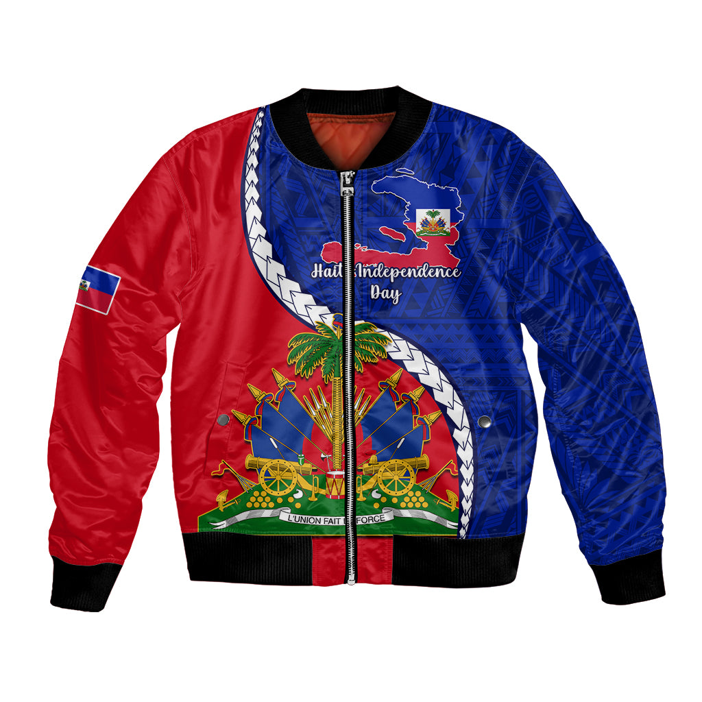 Haiti-inspired bomber jacket with red and blue panels, front emblem and zipper