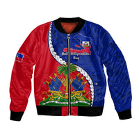 Haiti-inspired bomber jacket with red and blue panels, front emblem and zipper