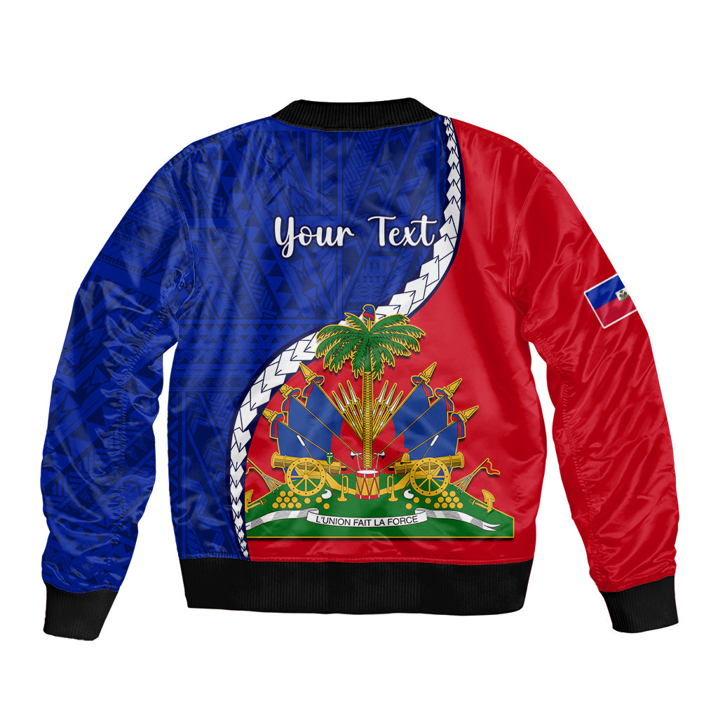 Haiti-inspired bomber jacket with red and blue back graphic and ribbed hem