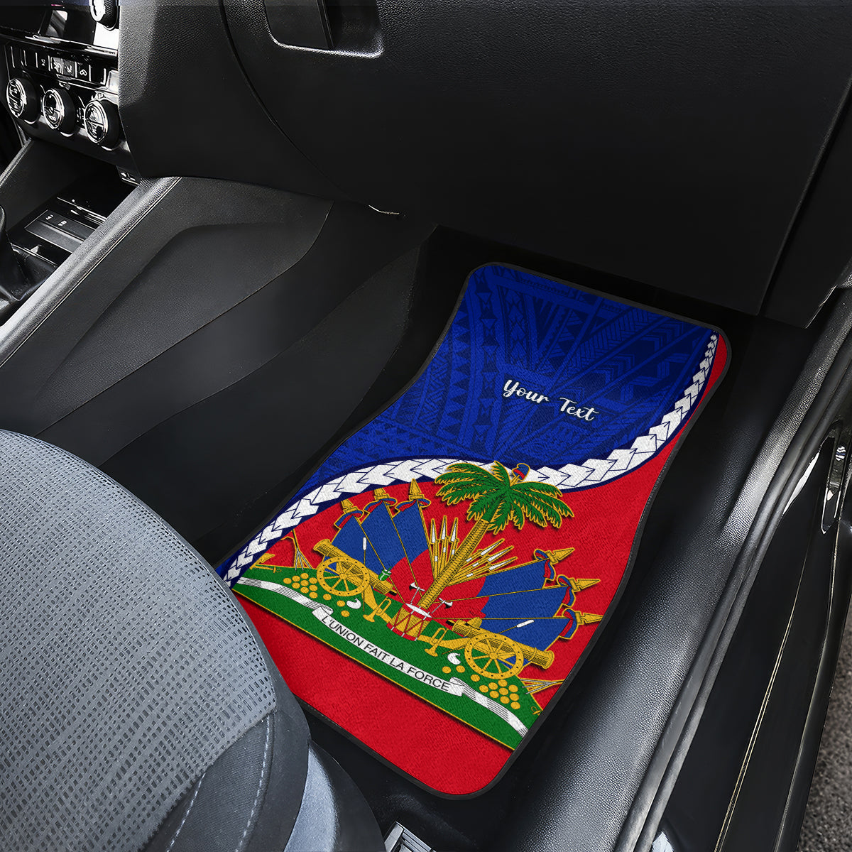 Personalized car floor mats with Haiti flag design, palm emblem, and polynesian pattern