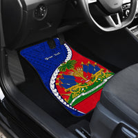 Personalized car mats with blue polynesian pattern and Haiti emblem on red border