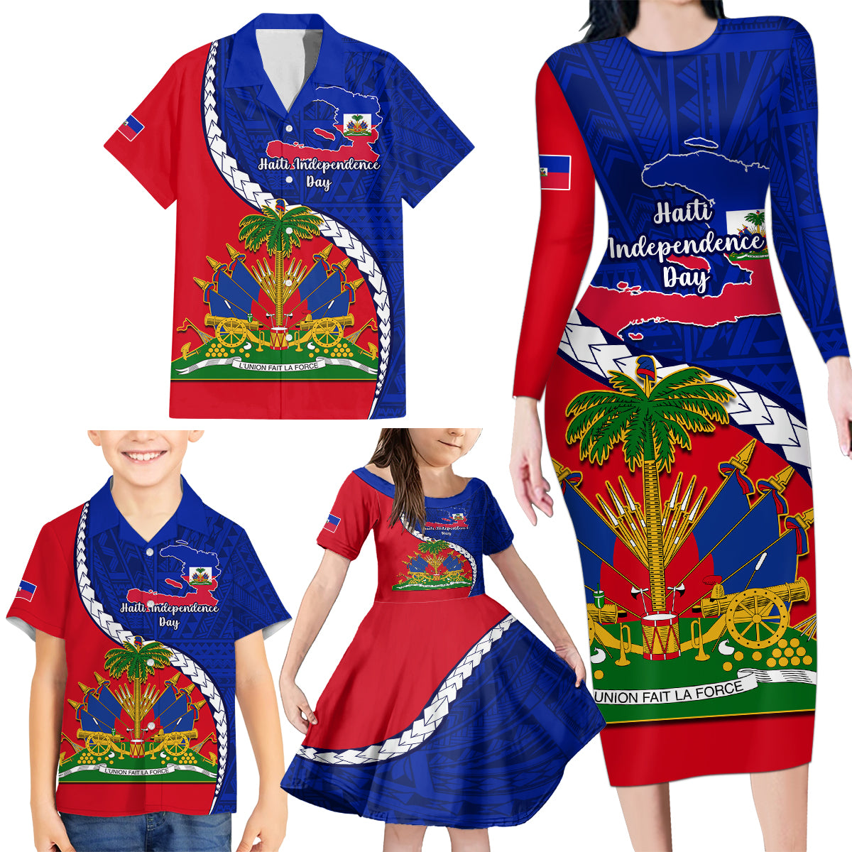 Personalised Haiti Independence Day Family Matching Long Sleeve Bodycon Dress and Hawaiian Shirt Ayiti National Emblem With Polynesian Pattern - Wonder Print Shop