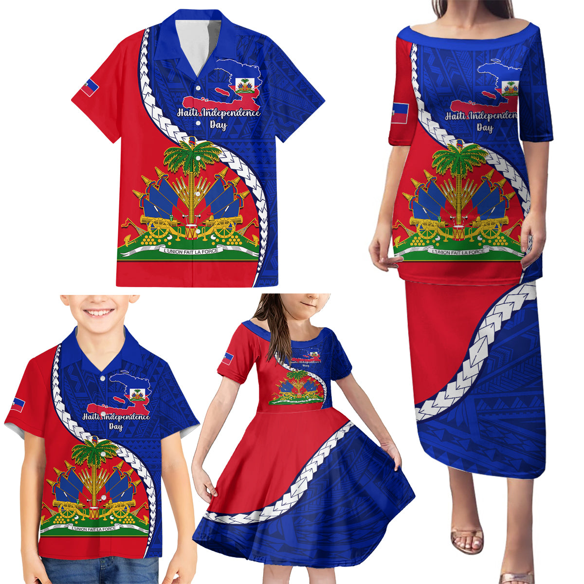 Personalised Haiti Independence Day Family Matching Puletasi Dress and Hawaiian Shirt Ayiti National Emblem With Polynesian Pattern - Wonder Print Shop