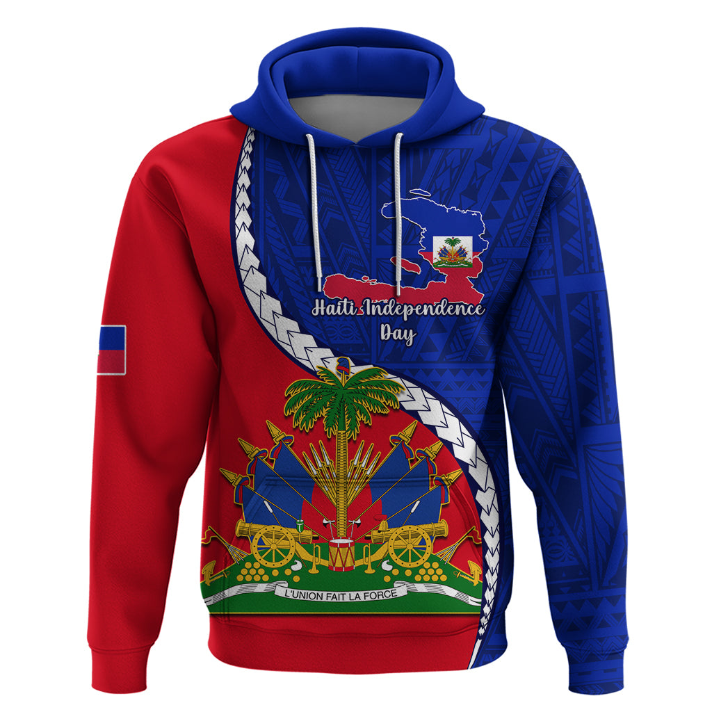 Personalised Haiti Independence Day Hoodie Ayiti National Emblem With Polynesian Pattern - Wonder Print Shop