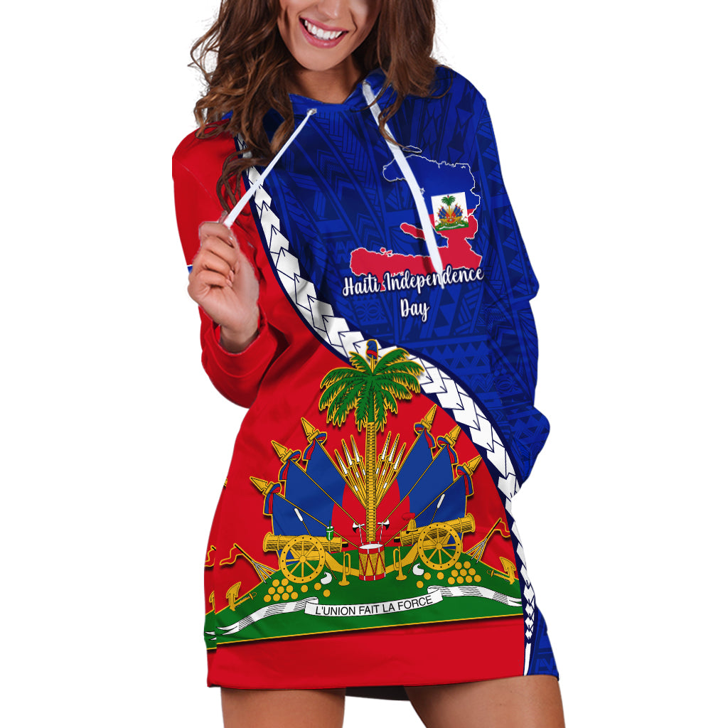 Personalised Haiti Independence Day Hoodie Dress Ayiti National Emblem With Polynesian Pattern - Wonder Print Shop