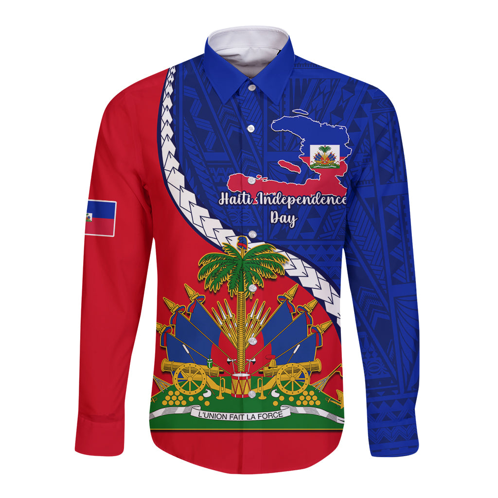 Blue and red long-sleeve button shirt with Haiti emblem and Independence graphic
