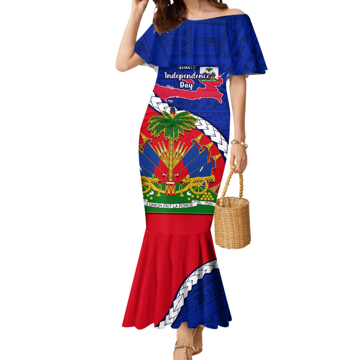 Personalised Haiti Independence Day Mermaid Dress Ayiti National Emblem With Polynesian Pattern - Wonder Print Shop