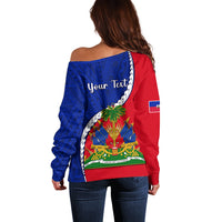 Off-shoulder sweater for women, back view blue/red with 'Your Text' and Haiti emblem