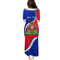 Personalized blue long dress with red sleeves, Haiti emblem, and patterned border