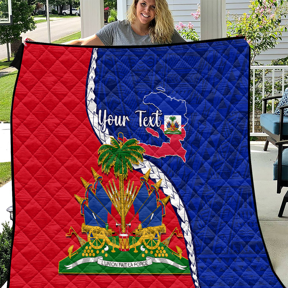 Haiti independence quilt, red and blue with Haiti map emblem and 'Your Text' design