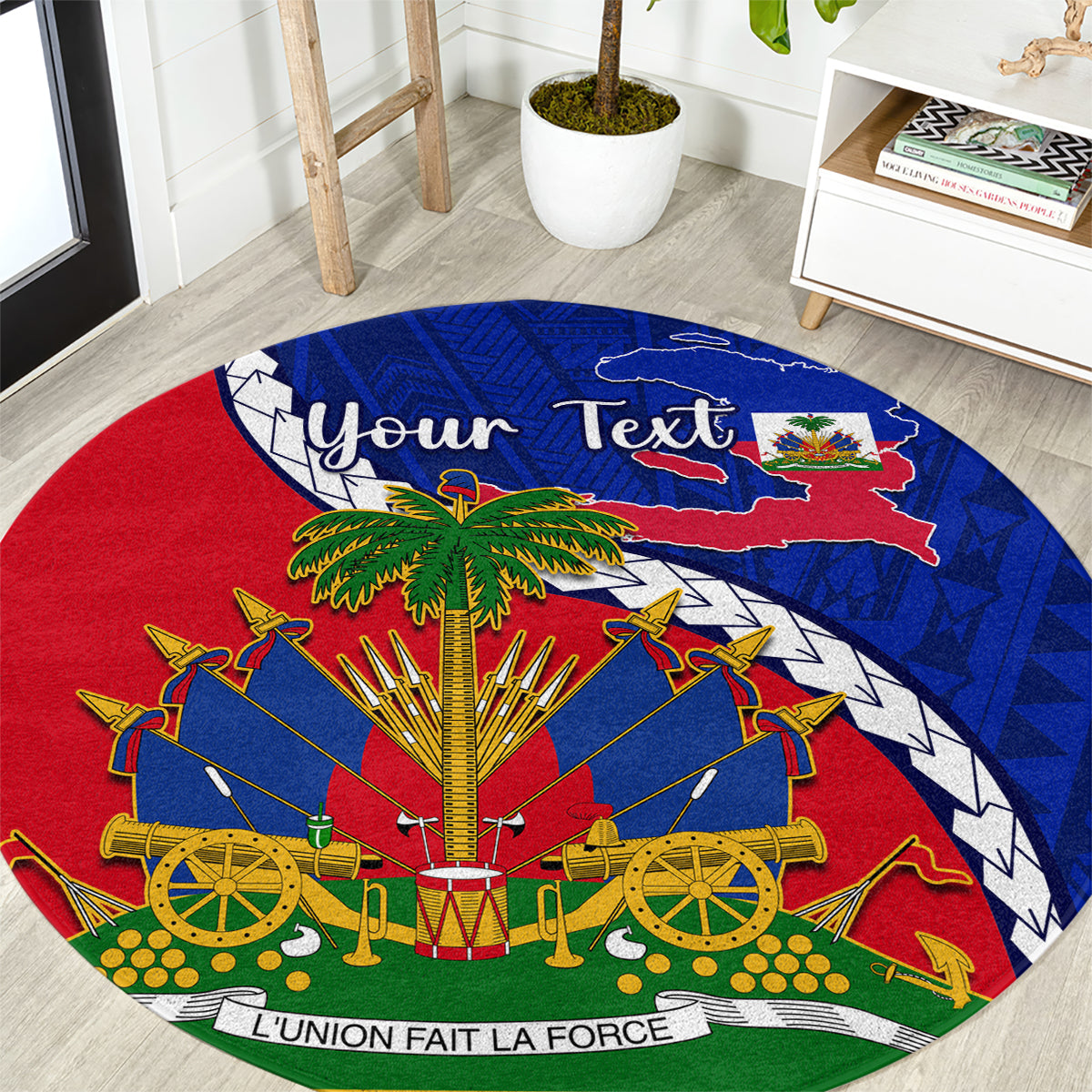 Round carpet with Haiti flag map, palm tree, cannons, and 'L'Union Fait La Force' text