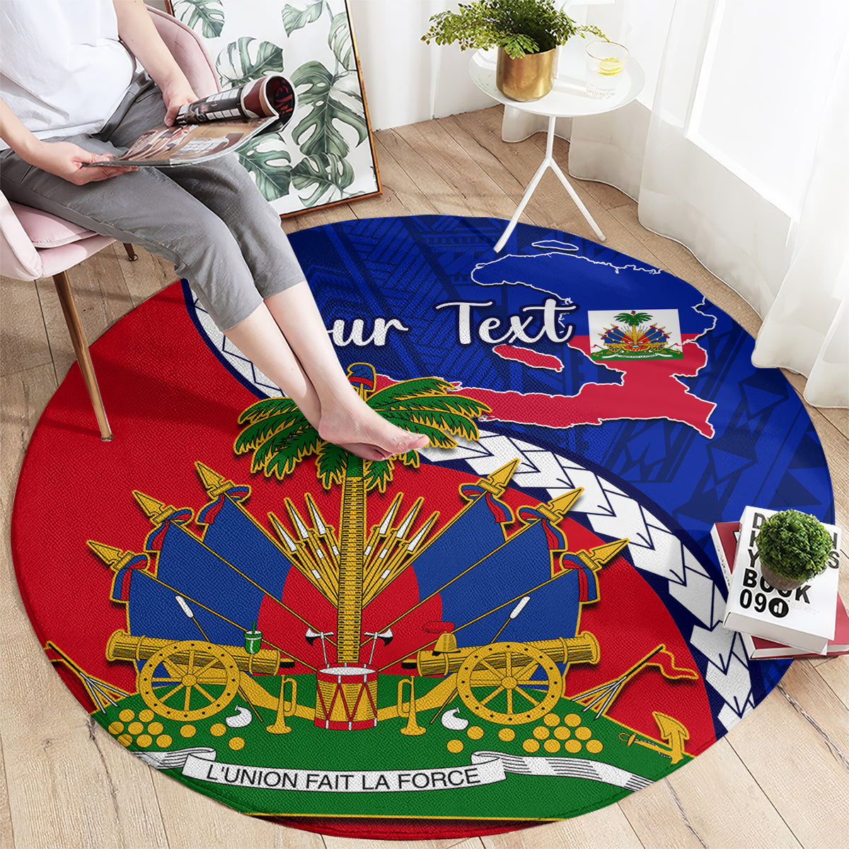 Round carpet with Haiti emblem and 'Your Text' banner, palm tree, cannons, 'L'Union Fait La Force'