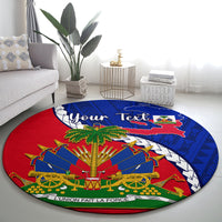 Round carpet featuring Haiti flag map, palm tree, and cannons in red and blue circular design
