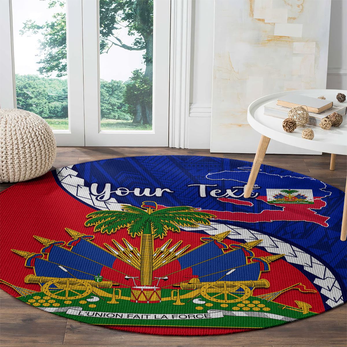 Round carpet with Haiti flag map, palm tree, cannons, and 'Your Text' custom wording