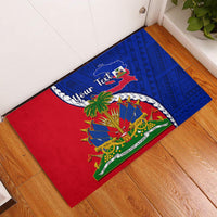 Rubber doormat with Haiti flag and crest, blue polynesian pattern, “Your Text”