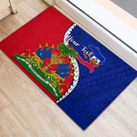 Rubber doormat featuring Haiti crest on red and blue polynesian pattern, custom “Your Text”