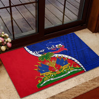Rubber doormat with Haiti flag crest and “Your Text” over blue polynesian pattern