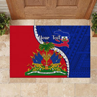 Rubber doormat with split red/blue design, Haiti emblem and crest, “Your Text”