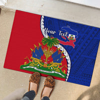 Rubber doormat outdoors with Haiti crest, red and blue polynesian pattern, “Your Text”