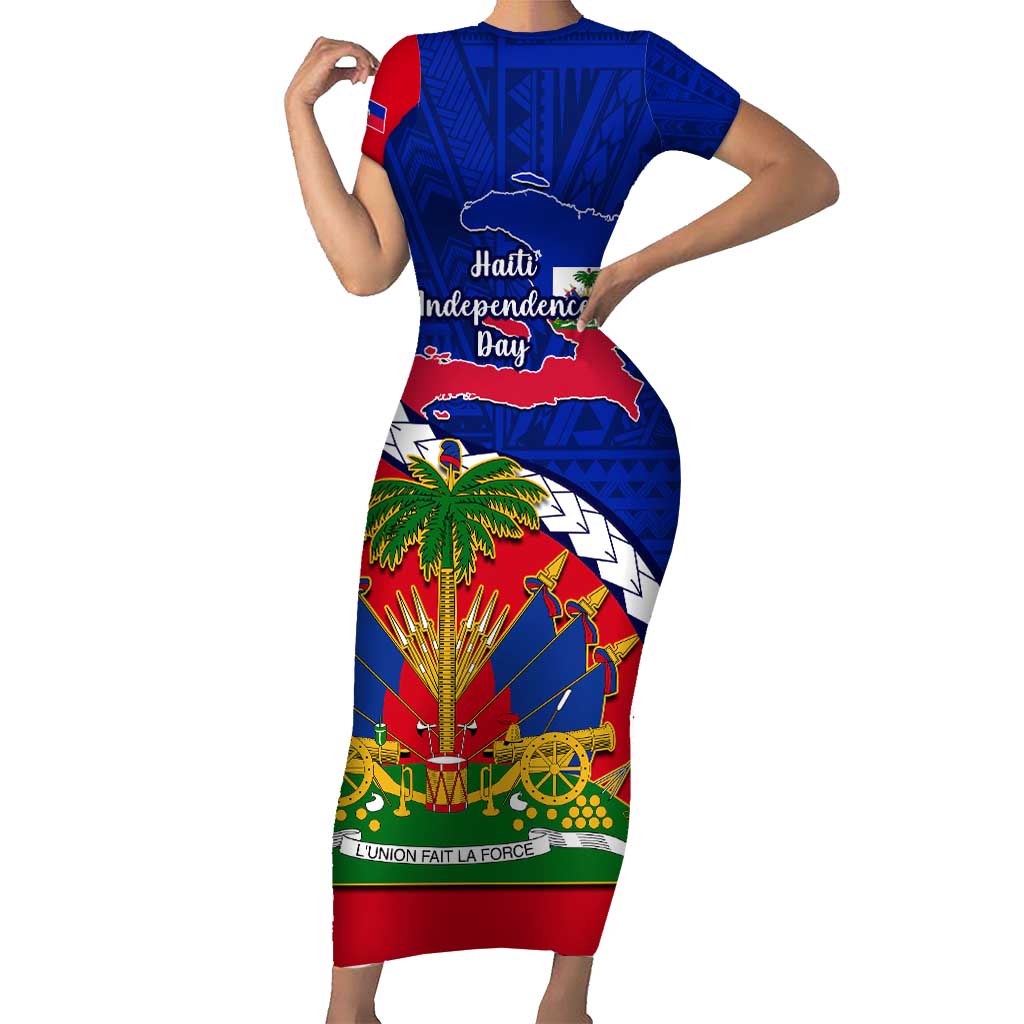 Women's blue bodycon dress with short sleeves, Haiti emblem and independence text