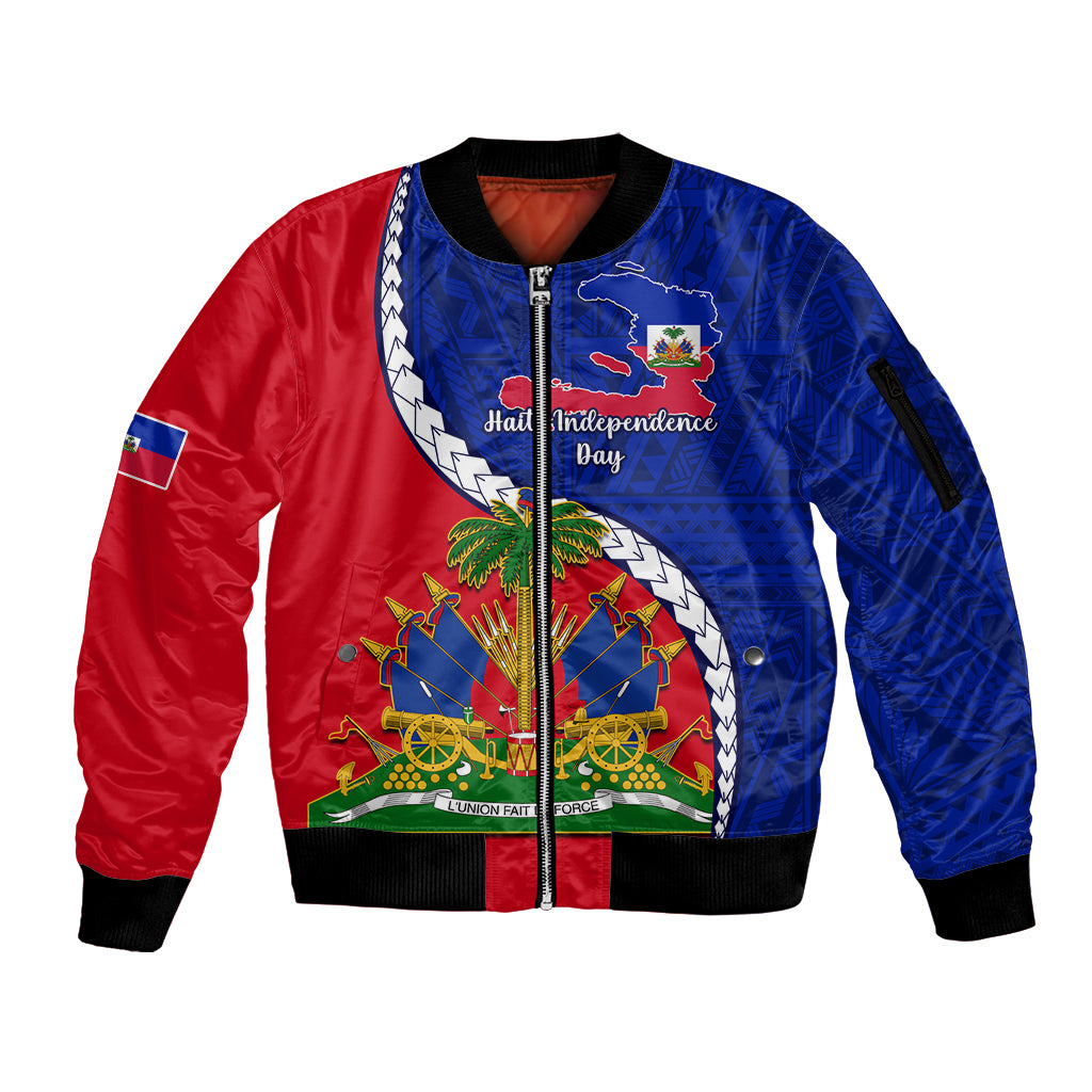 Personalised Haiti Independence Day Sleeve Zip Bomber Jacket Ayiti National Emblem With Polynesian Pattern - Wonder Print Shop