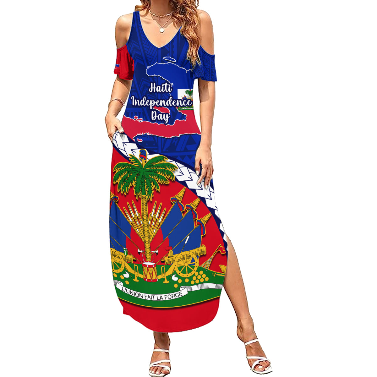 Personalised Haiti Independence Day Summer Maxi Dress Ayiti National Emblem With Polynesian Pattern - Wonder Print Shop