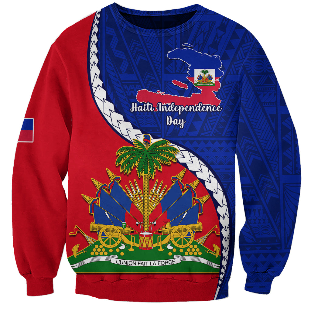 Unisex crewneck sweatshirt, red and dark blue with Haiti Independence Day emblem and text