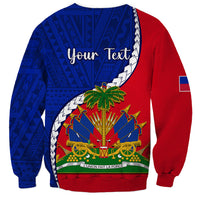 Unisex sweatshirt in red and dark blue, 'Your Text' and Haiti emblem with palm