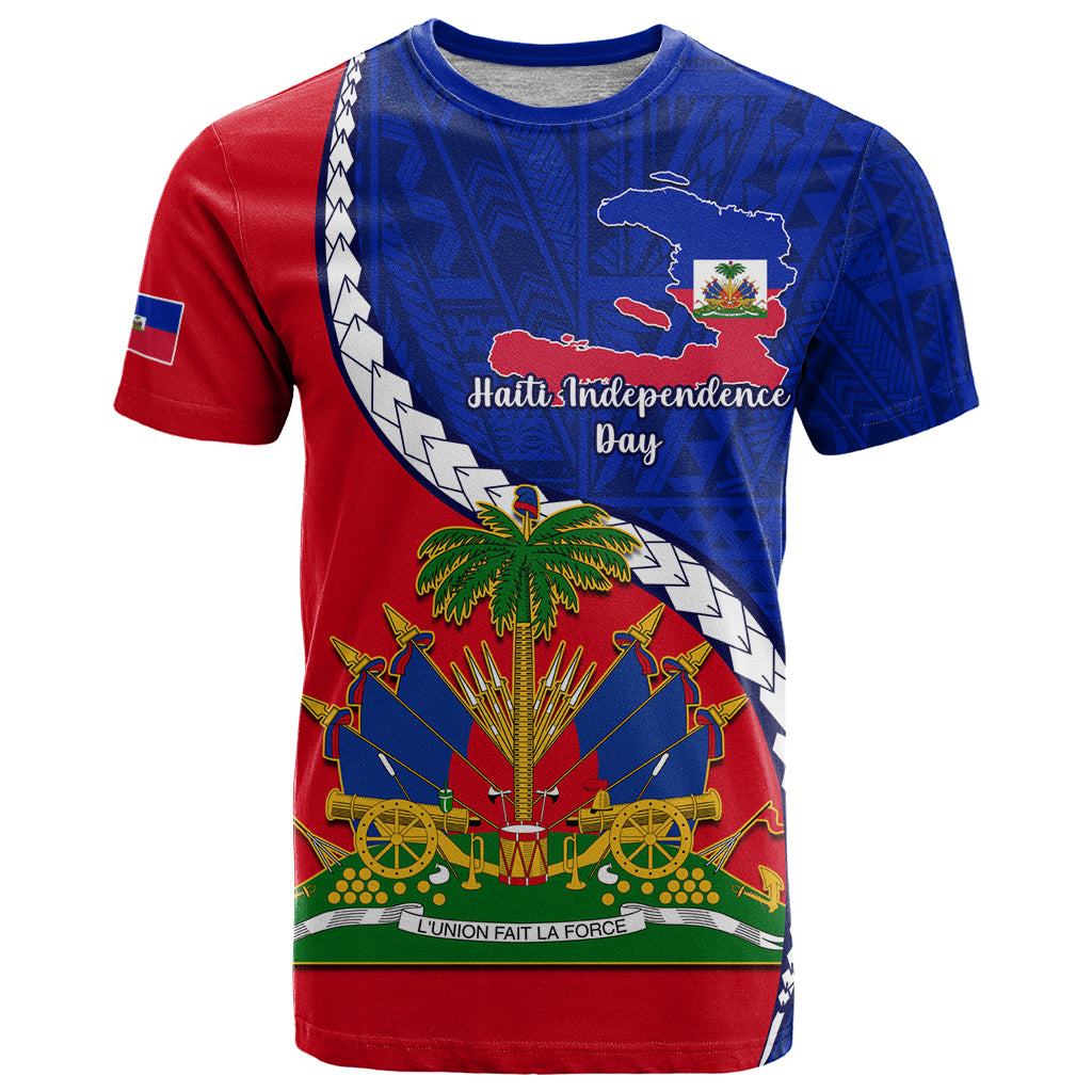 Personalized Haiti Independence Day T-shirt, blue with red panels and Haiti emblem front
