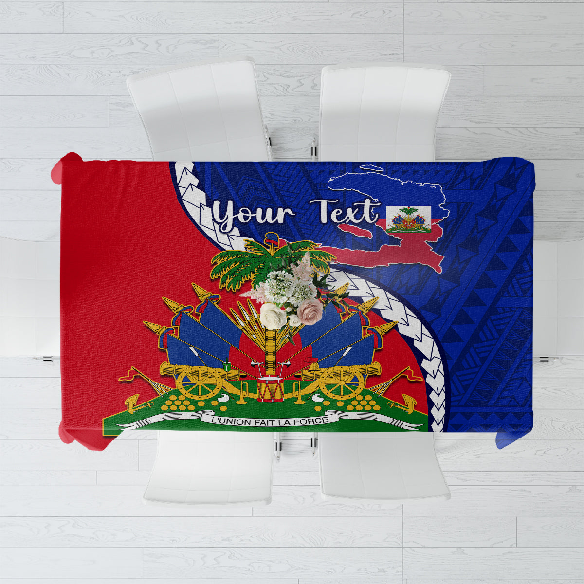 Rectangular tablecloth with Haiti emblem and patterned border, blue and red.
