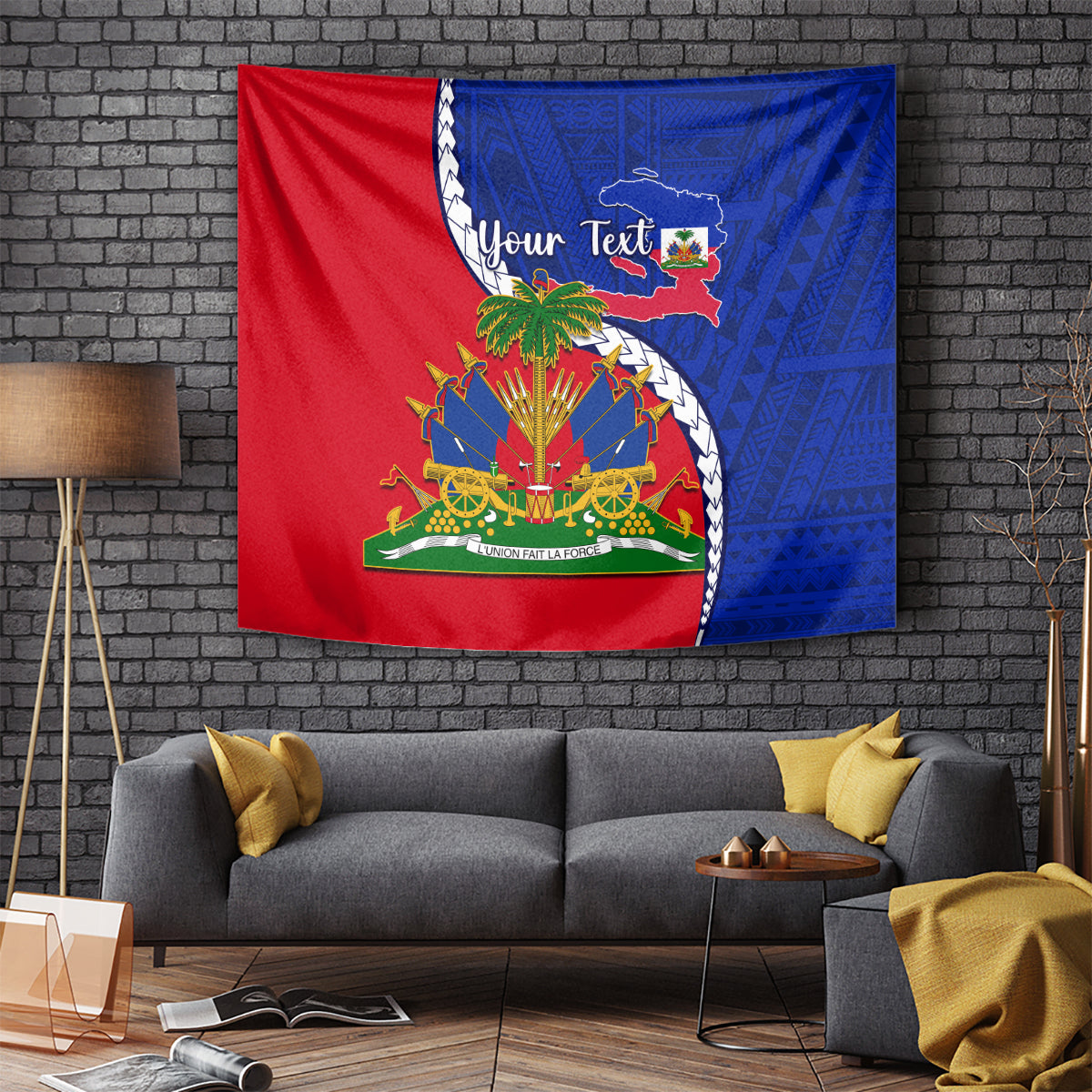 Haiti independence day tapestry with red and blue national emblem and Polynesian pattern