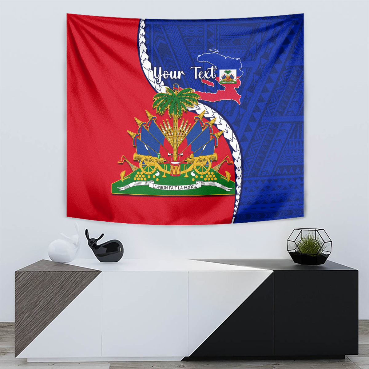Haiti independence day tapestry with red/blue emblem, rope border, and “Your Text”