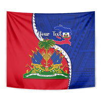 Haiti independence day tapestry close-up with red and blue emblem and “Your Text”