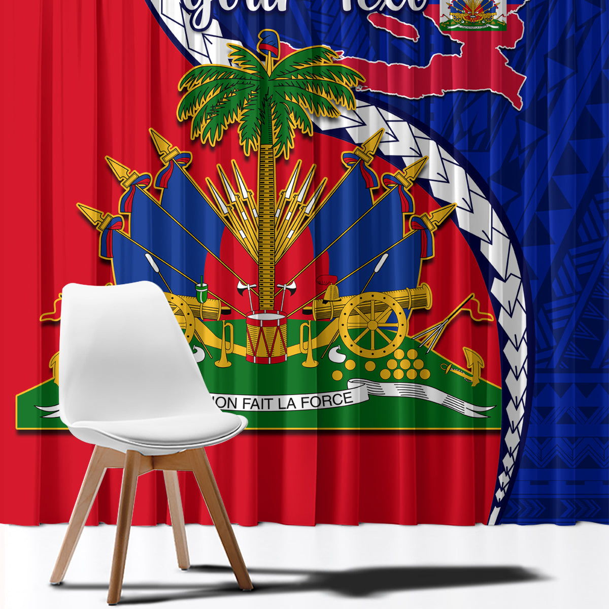 Close-up Haiti emblem window curtain, blue and red with palm and banner artwork