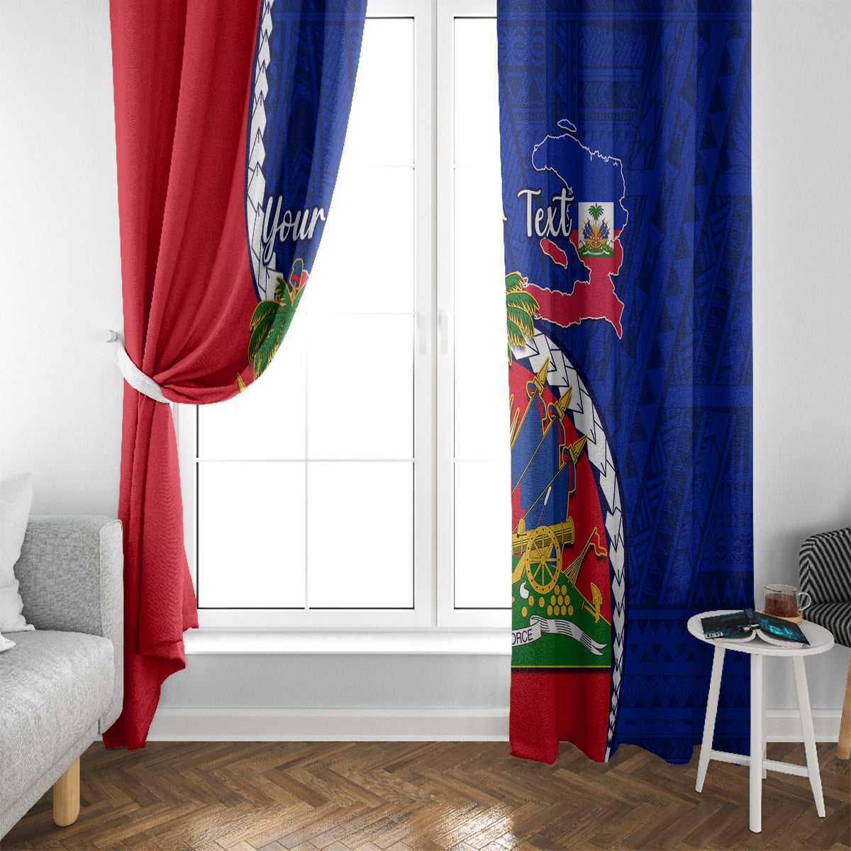 Blue and red Haiti Independence Day window curtains with Haiti emblem and textured pattern