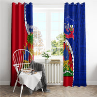 Full view Haiti emblem window curtains, red and blue with patterned fabric design
