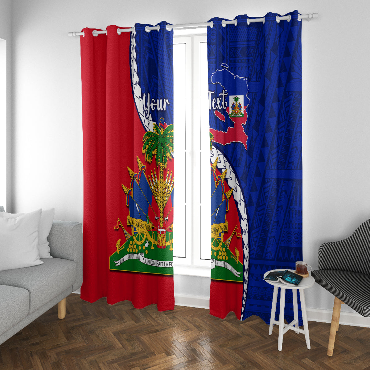Haiti Independence Day curtain panels, red and blue with Haiti emblem and diamond pattern