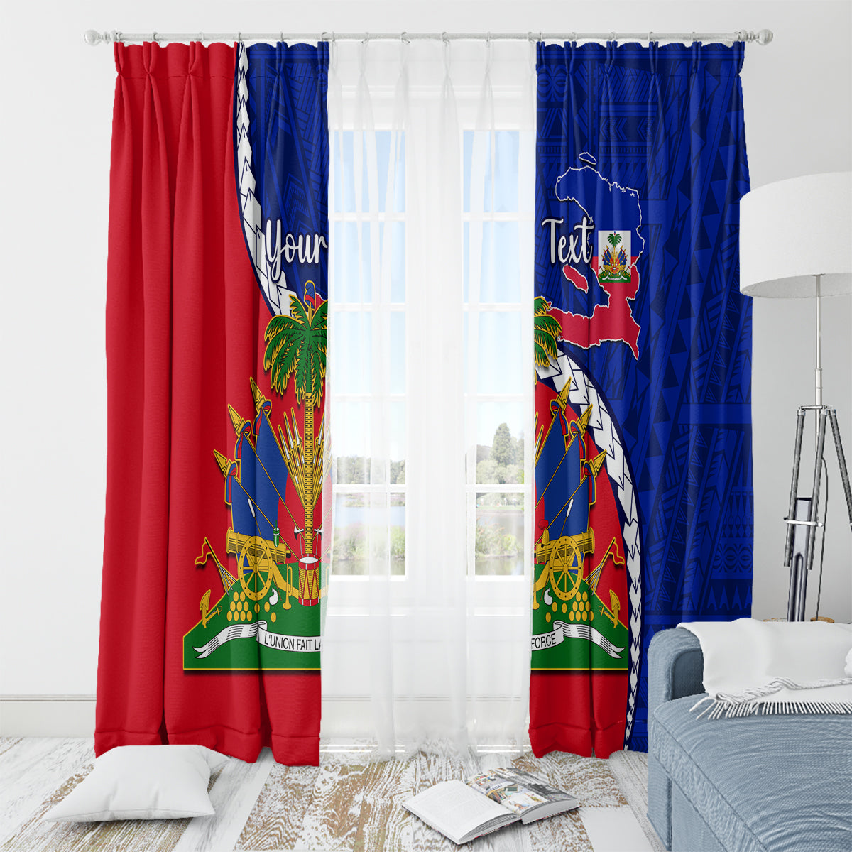 Haiti map emblem window curtains, blue and red with geometric polynesian-style pattern