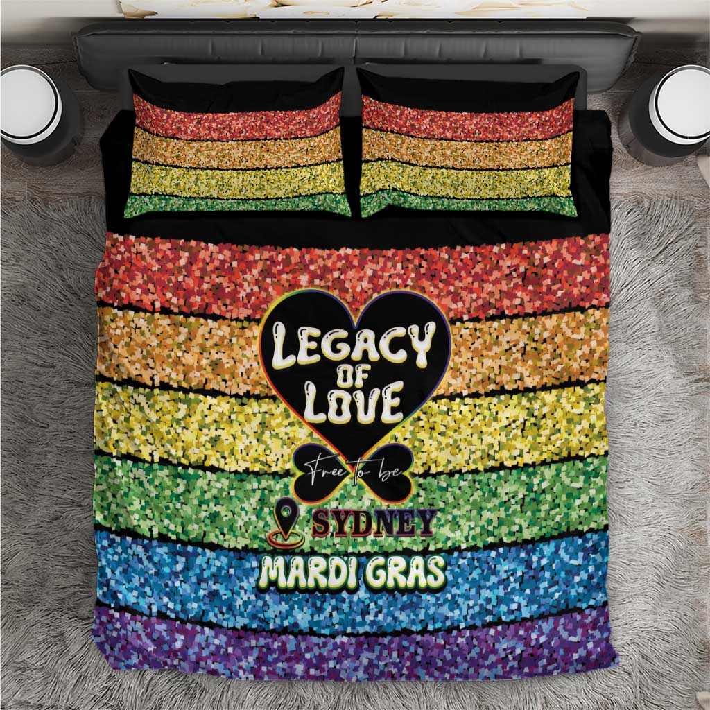 Multicolor bedding set with black trim; “Legacy of Love Sydney Mardi Gras” graphic center.
