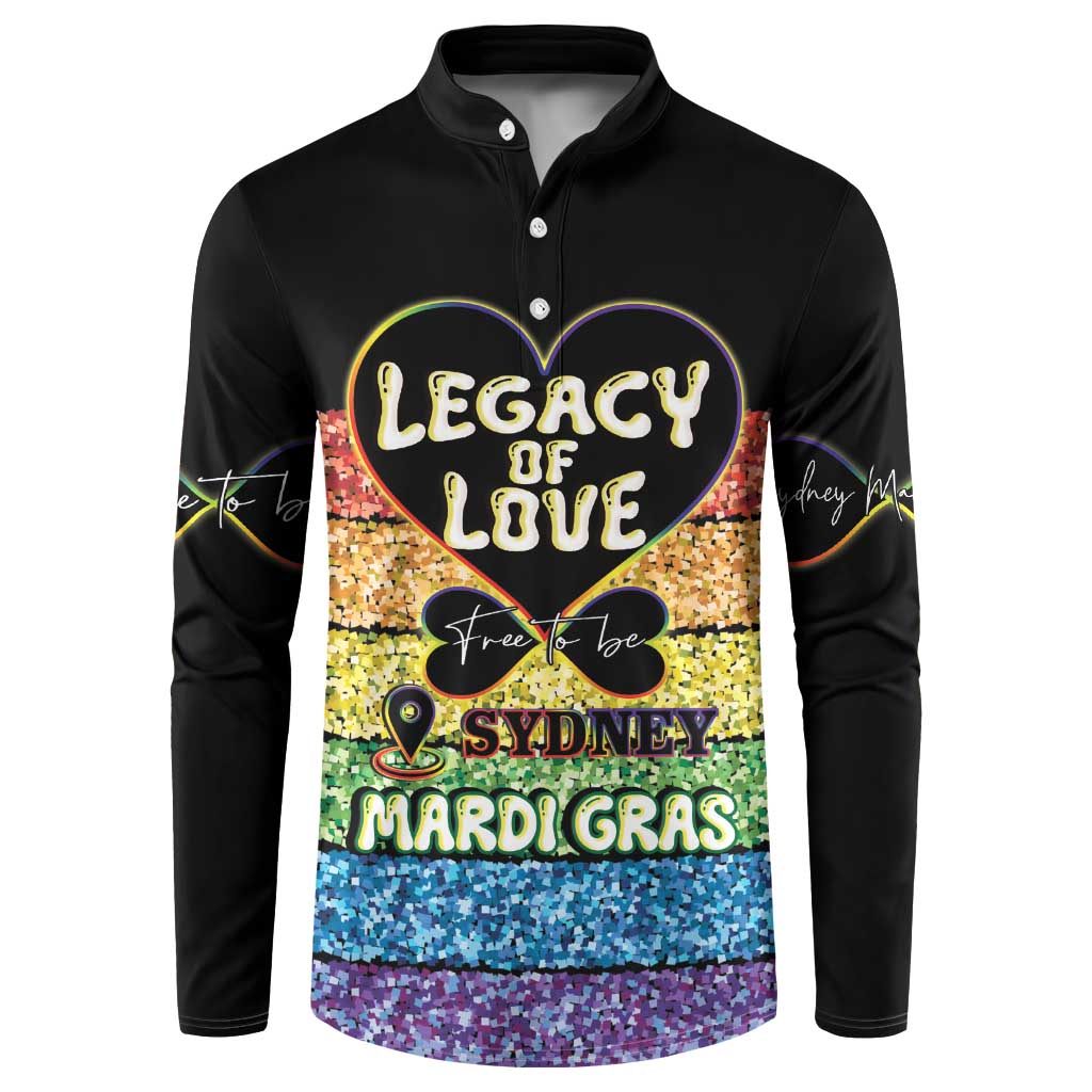 Black button-up sweatshirt with colorful 'Legacy of Love' Sydney Mardi Gras heart graphic
