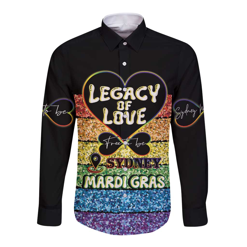 Black long-sleeve button shirt with colorful Legacy of Love heart graphic front