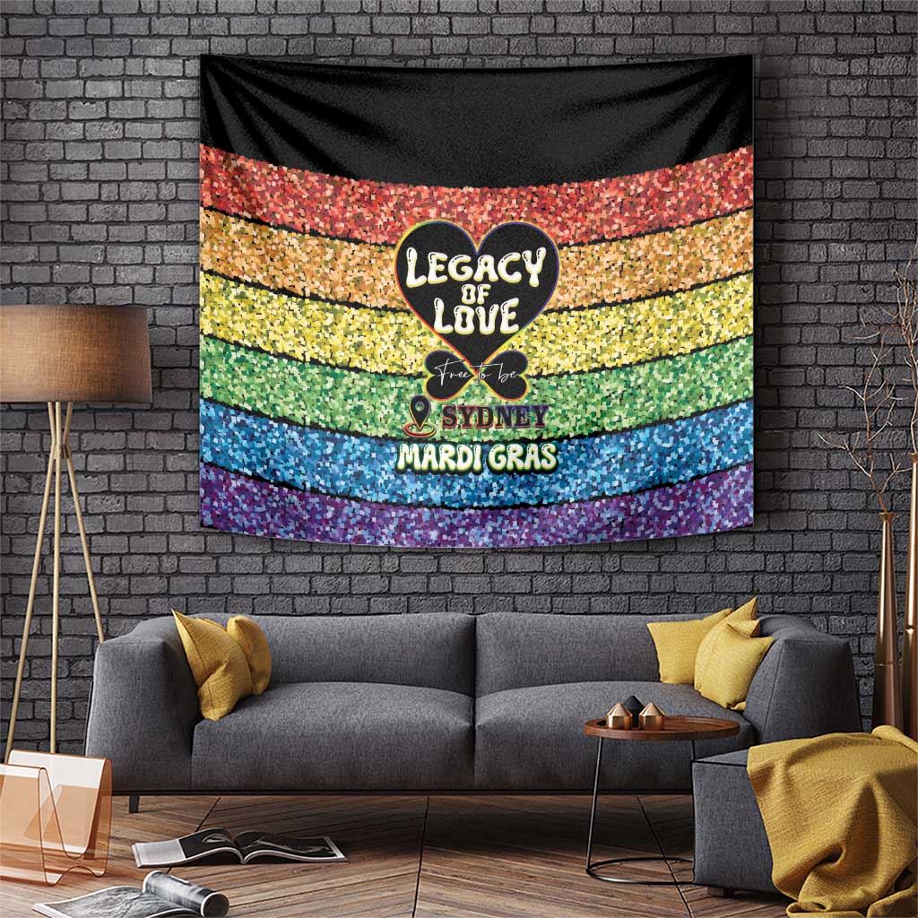 Black and rainbow striped tapestry with 'Legacy of Love' and 'Sydney Mardi Gras' design