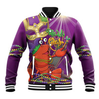 Purple baseball jacket with striped rib trim and colorful jester-lobster Mardi Gras graphic