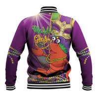 Purple baseball jacket back with striped rib trim and colorful jester-lobster Mardi Gras graphic