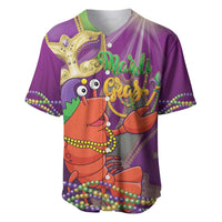 Purple Mardi Gras baseball jersey with cartoon jester lobster and Mardi Gras beads