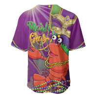 Purple Mardi Gras baseball jersey, back print of jester lobster with beads necklace