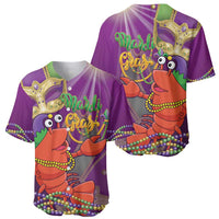 Purple Mardi Gras baseball jersey with cartoon jester lobster and green-gold Mardi Gras mask