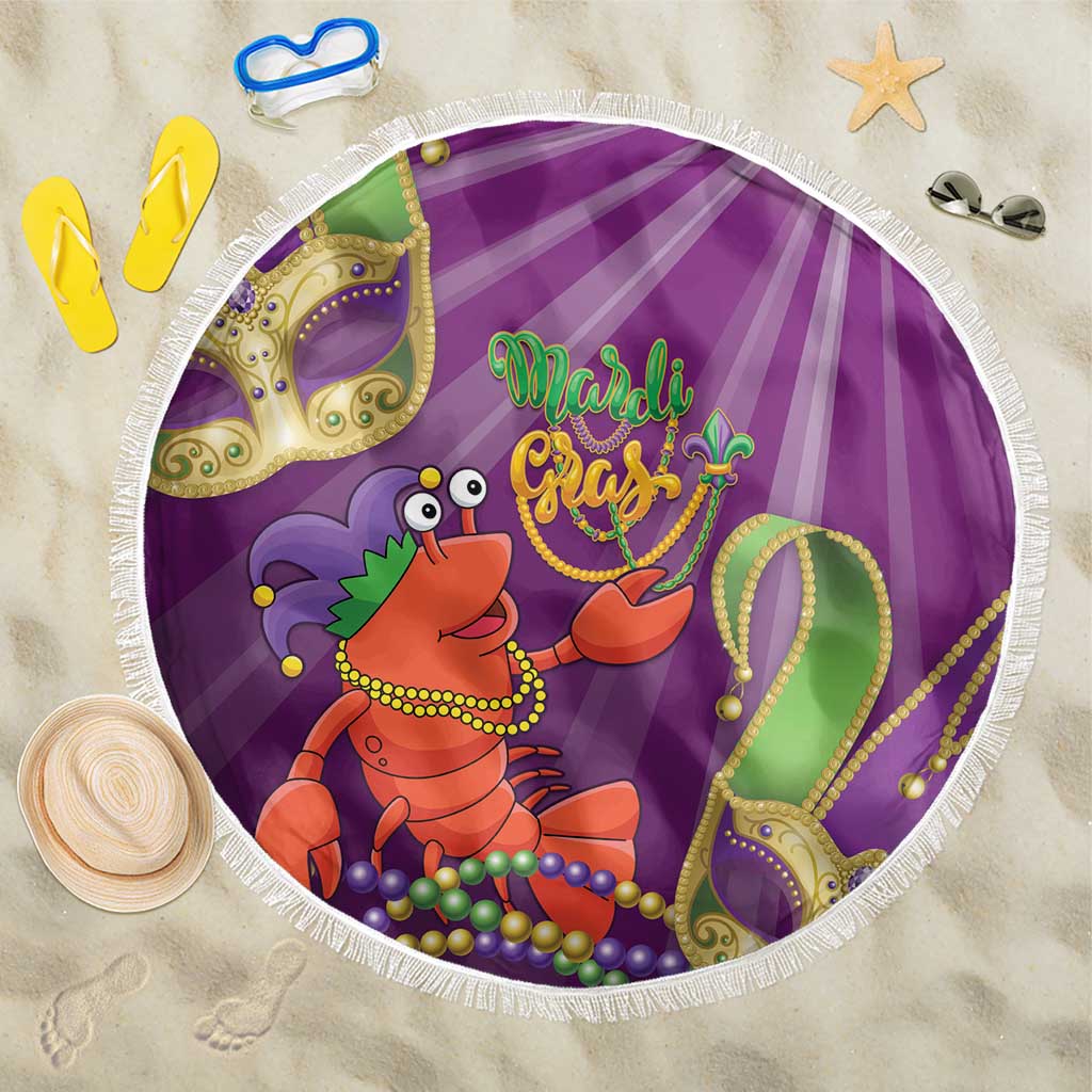 Purple Mardi Gras round beach blanket with jester lobster, beads, and fringe edge